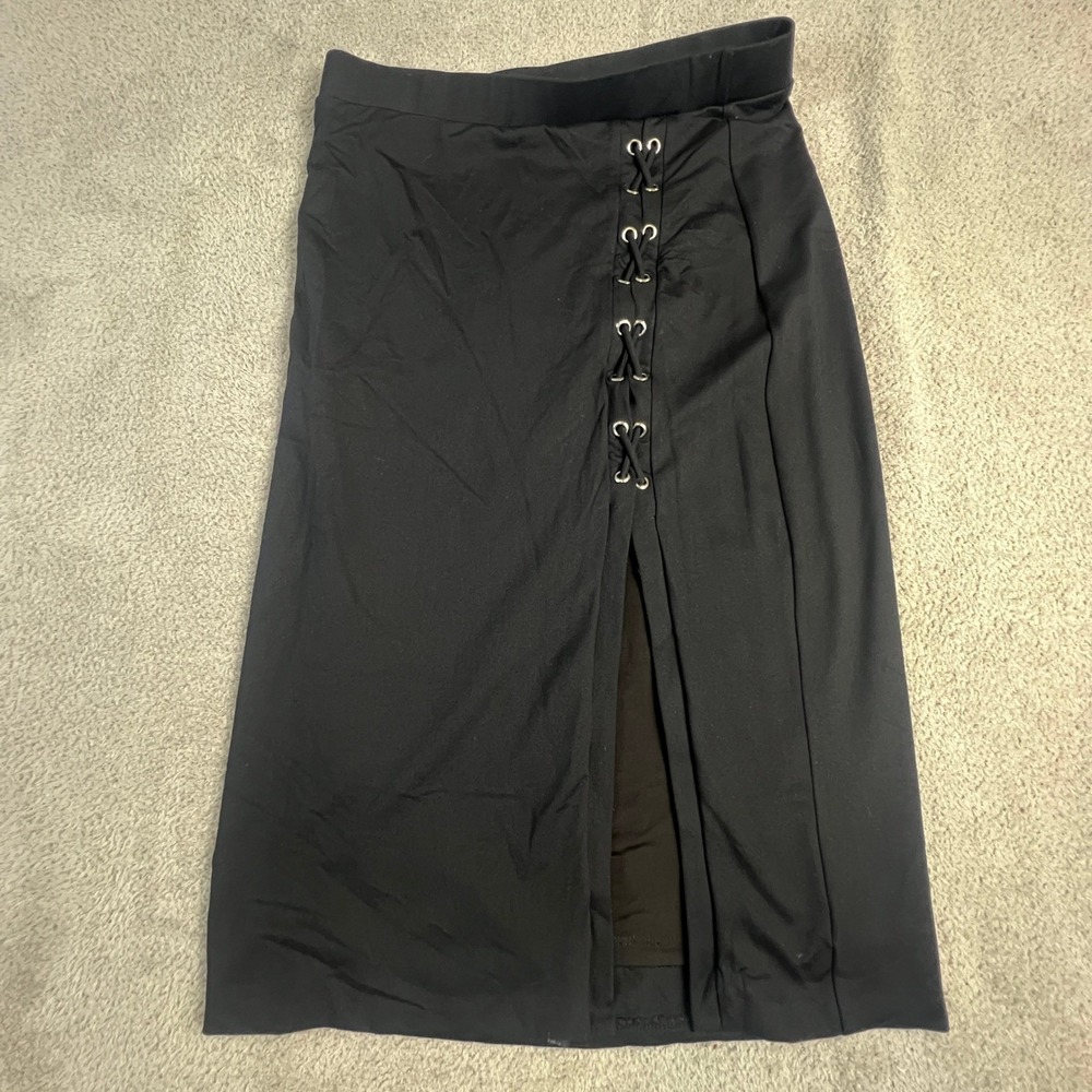 Bebe Women's Skirt Medium Black Lace Up Grommet Front Slit Midi Goth Edgy Punk